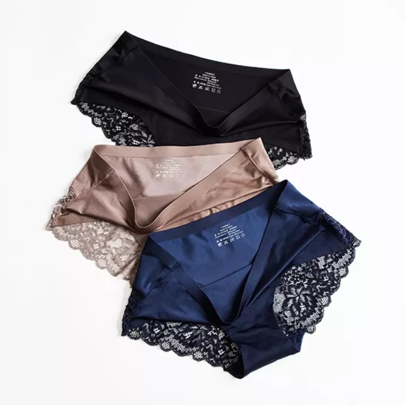 Lot de 3 Culottes en soie glacée invisibles avec dentelle