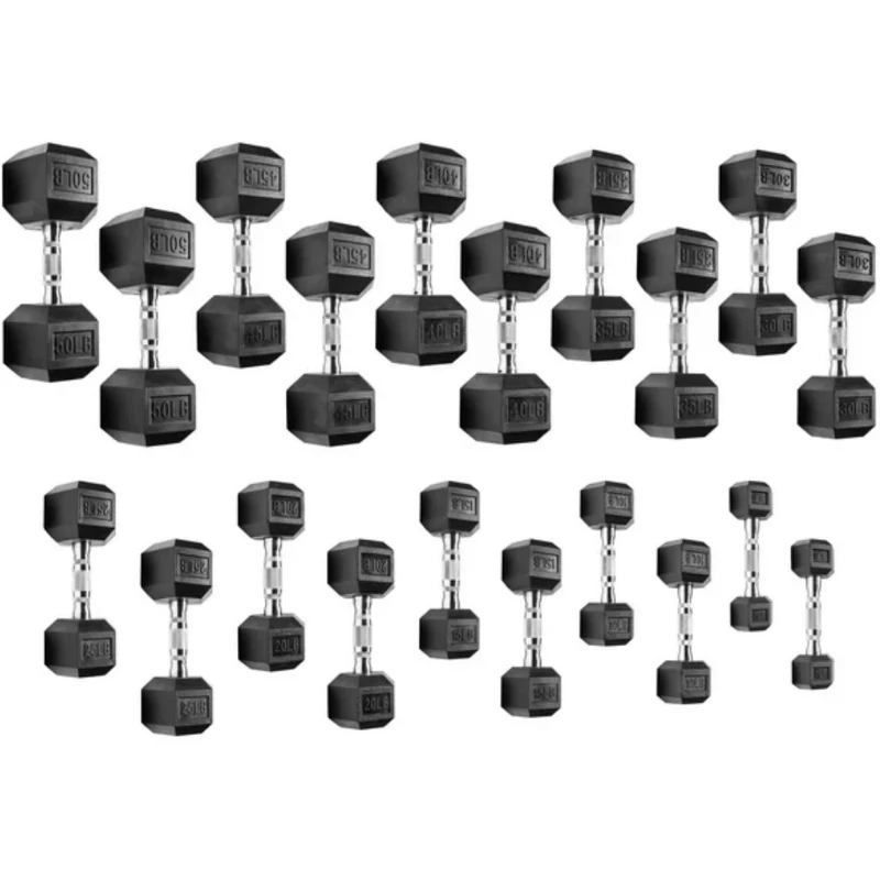 ENSEMBLE : Ensemble d'haltères hexagonaux en caoutchouc de 5 à 50 lb + support