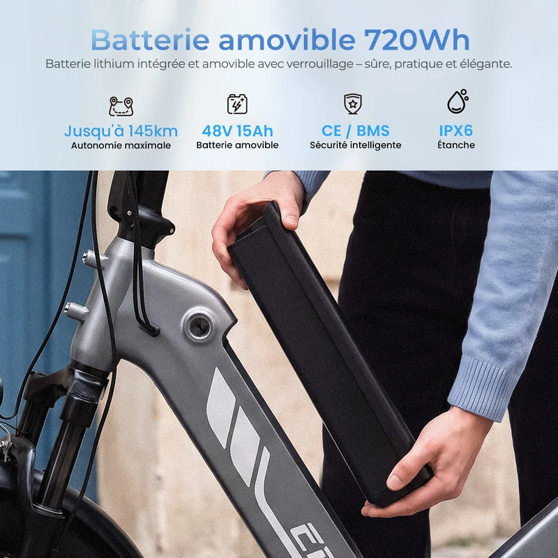 EB8 Vélo Électrique Tout-Terrain Pneus Larges - Autonomie 145km & Batterie Amovible