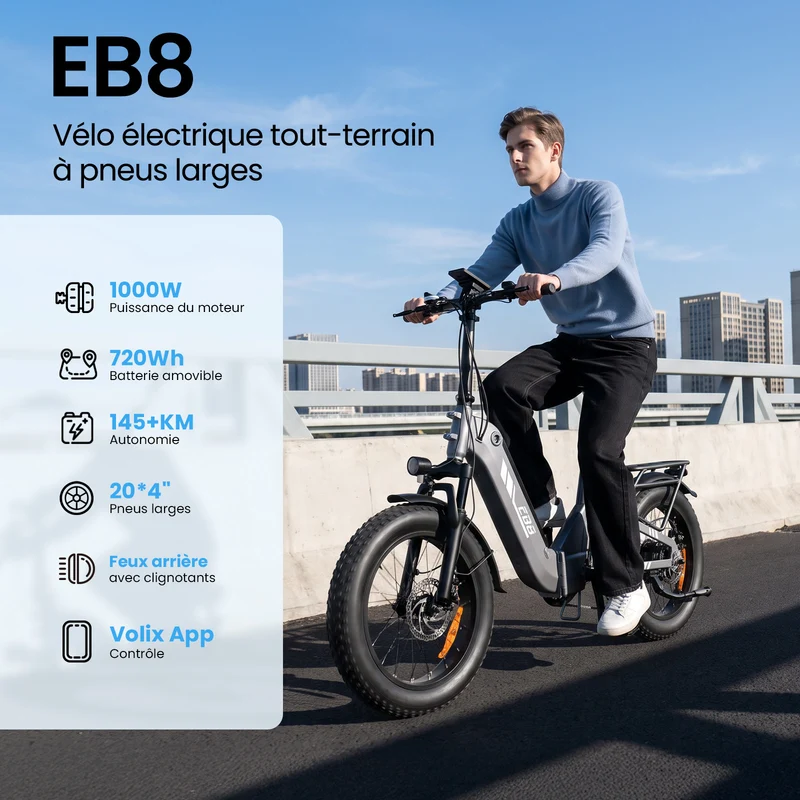 EB8 Vélo Électrique Tout-Terrain Pneus Larges - Autonomie 145km & Batterie Amovible