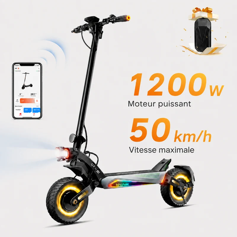 isinwheel® GT4S Trottinette Électrique Tout-Terrain 1200W