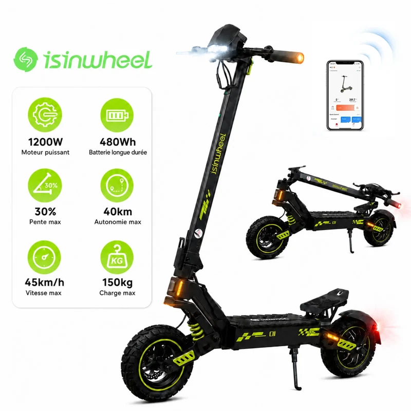 isinwheel® S-NOVA Pro Trottinette électrique tout-terrain 1000W