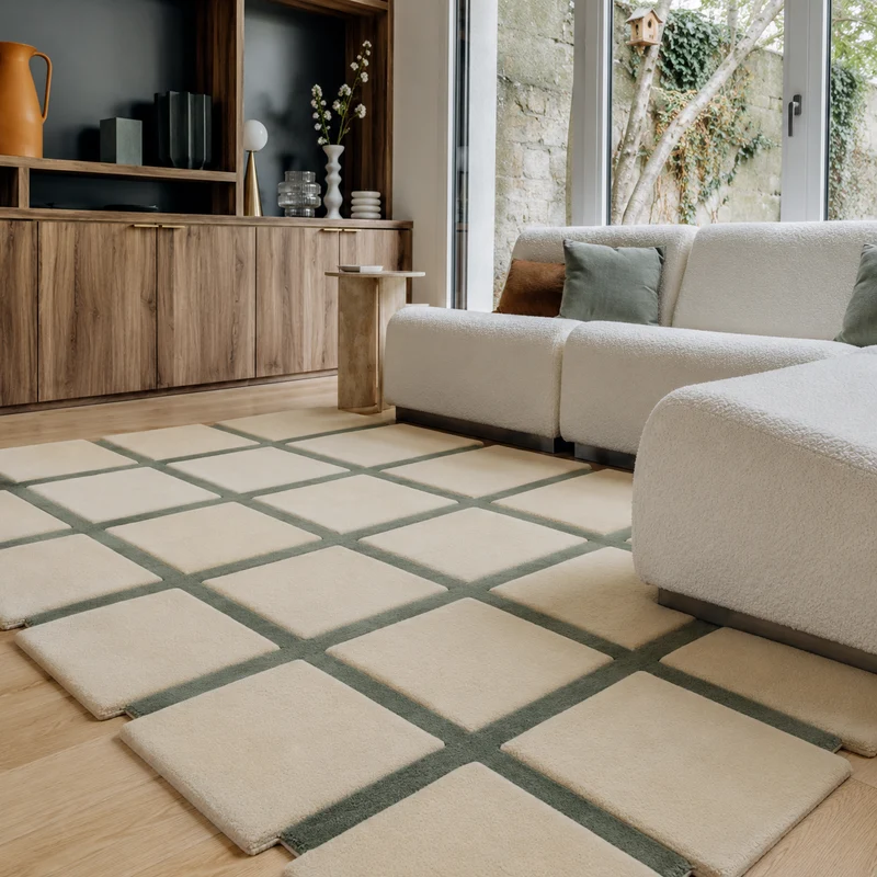 Tapis Damier crème et vert sauge