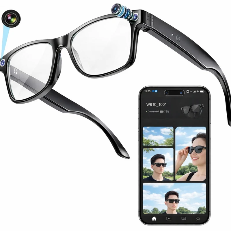 Lunettes intelligentes multifonctions NASA édition FUTURA Caméra,prise de photos, enregistrement vidéo et audio, appels Bluetooth, lecture de musique, assistant vocal, transmission sans fil Wi-Fi, Monture Mat Noir Verres Incolore Modèle Unisex design