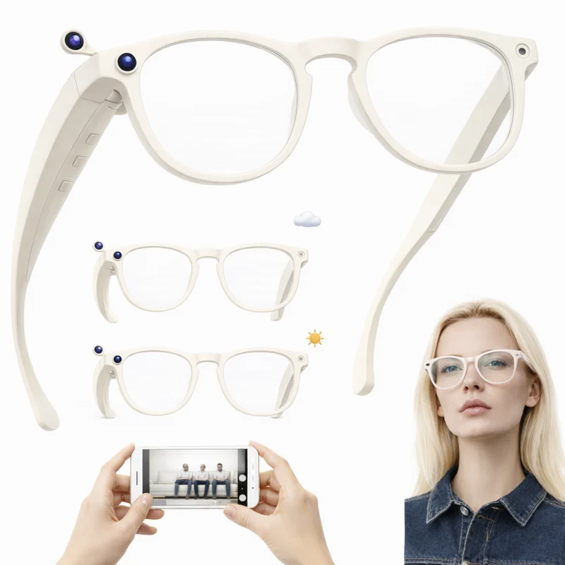 Lunettes intelligentes multifonctions NASA édition FUTURA Caméra ,prise de photos, enregistrement vidéo et audio, appels Bluetooth, lecture de musique, assistant vocal, transmission sans fil Wi-Fi, Monture Mat Blanc Verres Incolore Modèle Unisex design