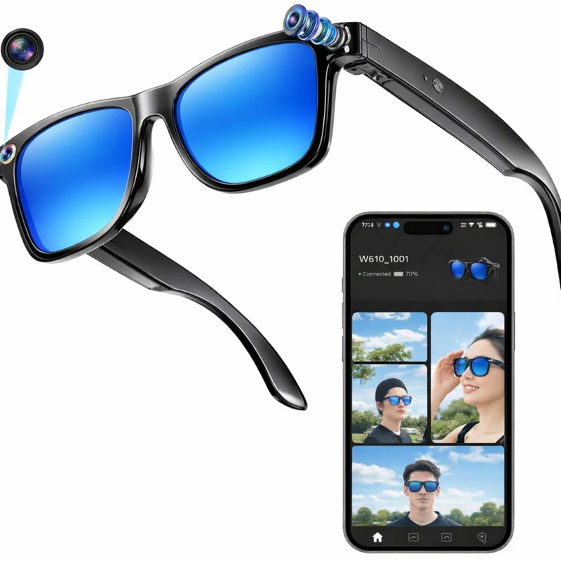 Lunettes intelligentes multifonctions NASA édition FUTURA Caméra,prise de photos, enregistrement vidéo et audio, appels Bluetooth, lecture de musique, assistant vocal, transmission sans fil Wi-Fi, Monture Mat Noir Verres Bleu Modèle Unisex design