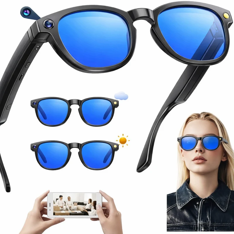 Lunettes intelligentes multifonctions NASA édition FUTURA Caméra,prise de photos, enregistrement vidéo et audio, appels Bluetooth, lecture de musique, assistant vocal, transmission sans fil Wi-Fi, Monture Mat Noir Verres Bleu Modèle Unisex design