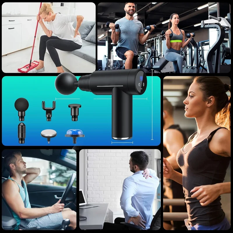 Pistolet de Massage Musculaire SYNERFIT 6 vitesses réglables 6 têtes de massage modèle Smart Gun colorie Noir
