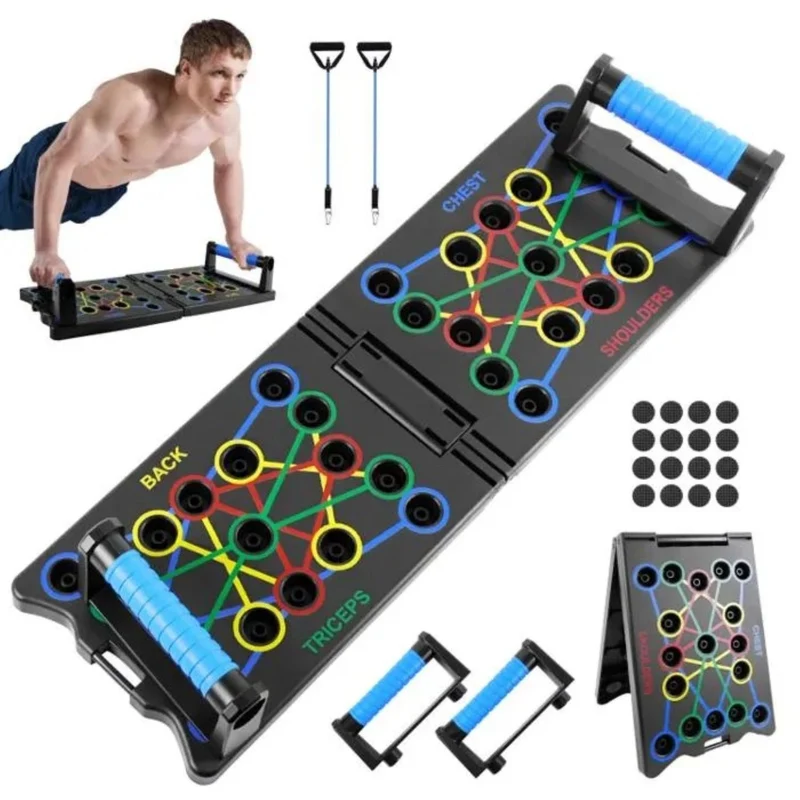Planche de musculation SYNERFIT 12 en 1 système d'exercice de Fitness d'entraînement avec tendeurs et poignées pliable et portable 10 fonctions, 2 cordes de résistance, 2 poignées modéle Push-up colorie Noir et bleu