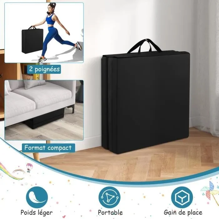 Tapis d'exercices pliable SYNERFIT en mousse polyuréthane 180x50x5cm - Coloris Noir