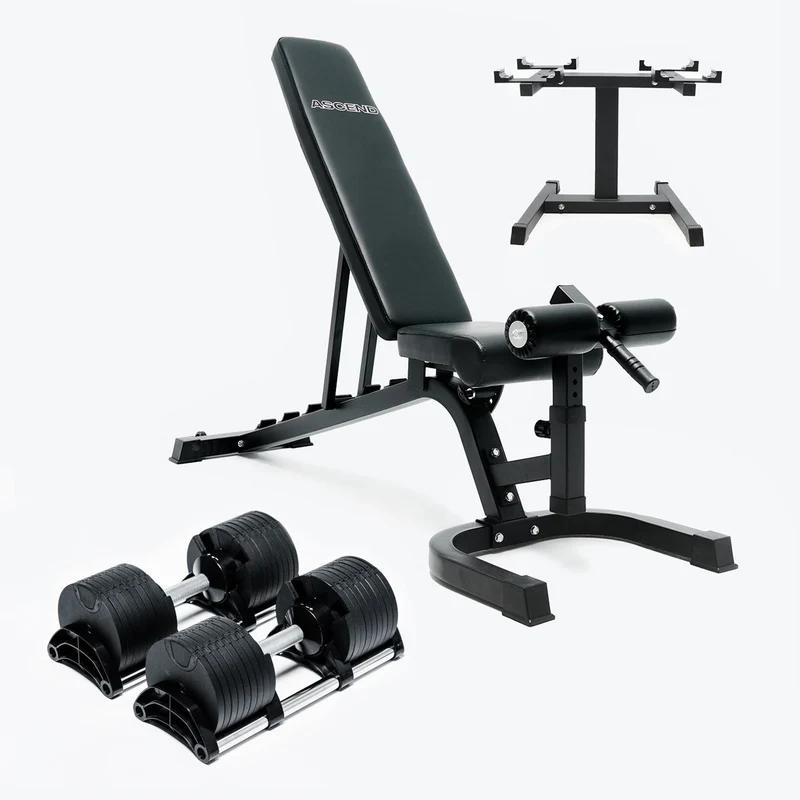 Bundle: Nuo Style Dumbbells (5 - 70 lb or 7.5-90 lb) & Bench