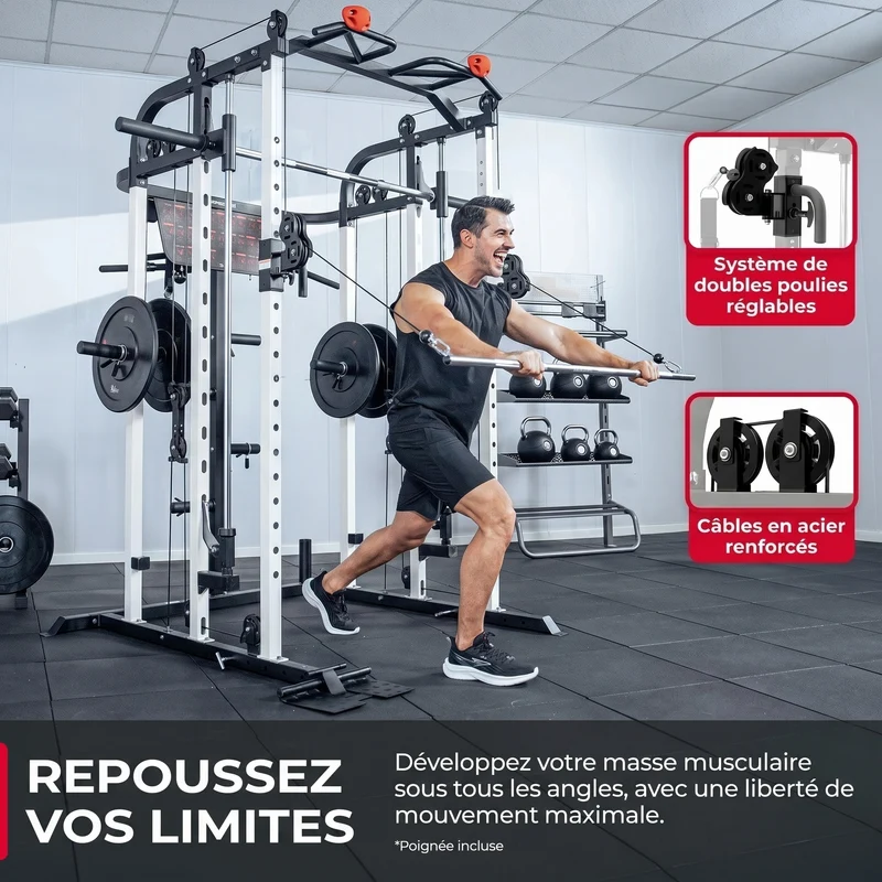 Smith Machine Homefit Atlas – 100+ Exercices – Barre Guidée – Poulies Réglables – Disques Olympiques 50 mm
