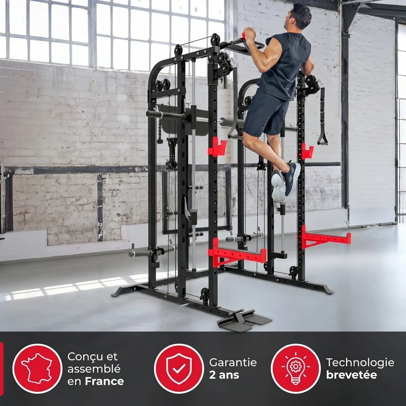 Smith Machine Homefit Atlas – 100+ Exercices – Barre Guidée – Poulies Réglables – Disques Olympiques 50 mm