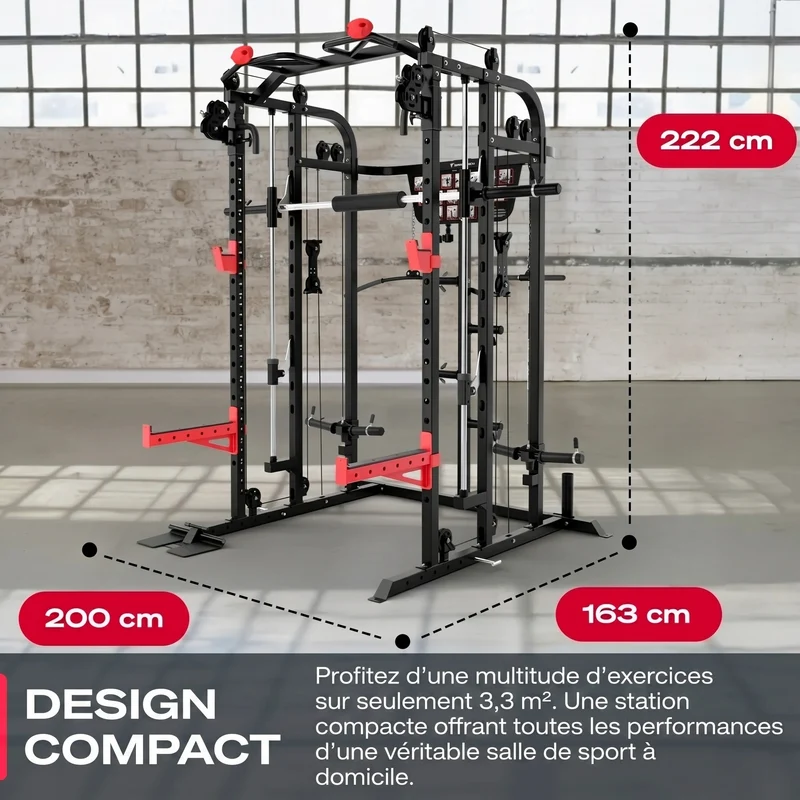 Smith Machine Homefit Atlas – 100+ Exercices – Barre Guidée – Poulies Réglables – Disques Olympiques 50 mm