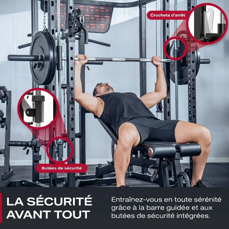 Smith Machine Homefit Atlas – 100+ Exercices – Barre Guidée – Poulies Réglables – Disques Olympiques 50 mm