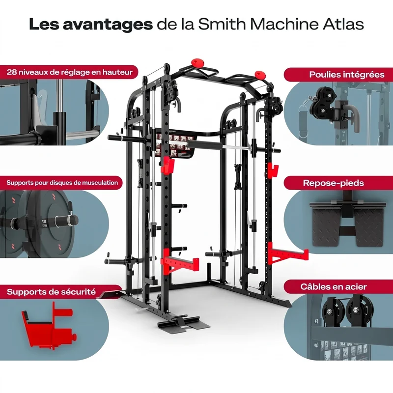 Smith Machine Homefit Atlas – 100+ Exercices – Barre Guidée – Poulies Réglables – Disques Olympiques 50 mm