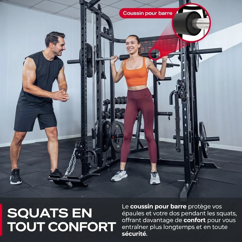 Smith Machine Homefit Atlas – 100+ Exercices – Barre Guidée – Poulies Réglables – Disques Olympiques 50 mm