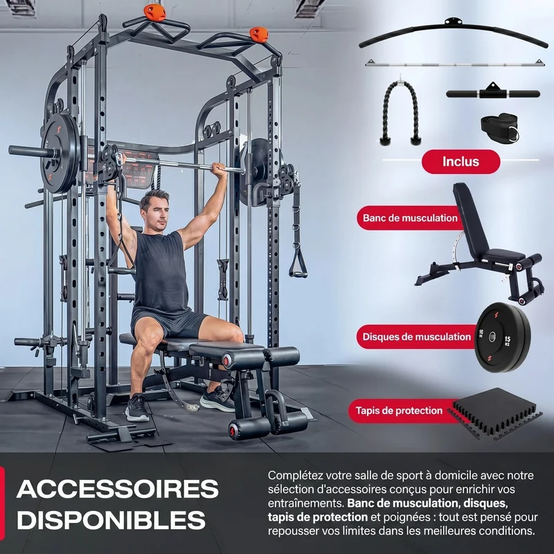 Smith Machine Homefit Atlas – 100+ Exercices – Barre Guidée – Poulies Réglables – Disques Olympiques 50 mm
