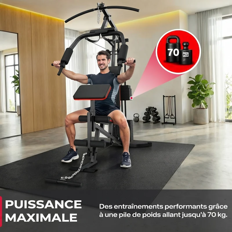 Station de Musculation Homefit Hercules X40 – 40+ Exercices – Bloc de Poids 70 kg – Charge Max. 120 kg