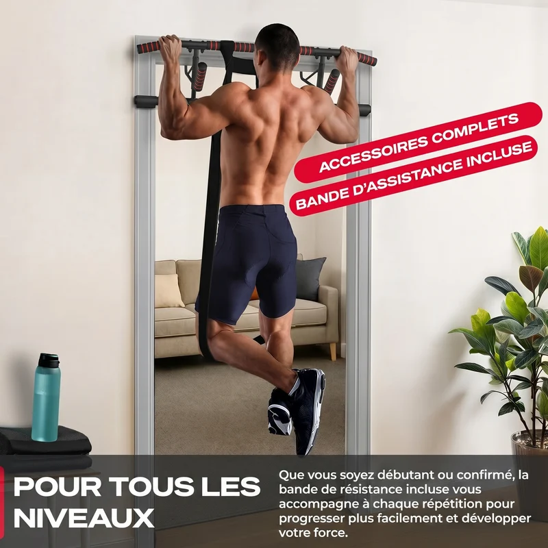 Barre de Traction Porte Homefit Titan – Sans Perçage – 3 Prises – Charge Max. 200 kg – Sangles Incluses