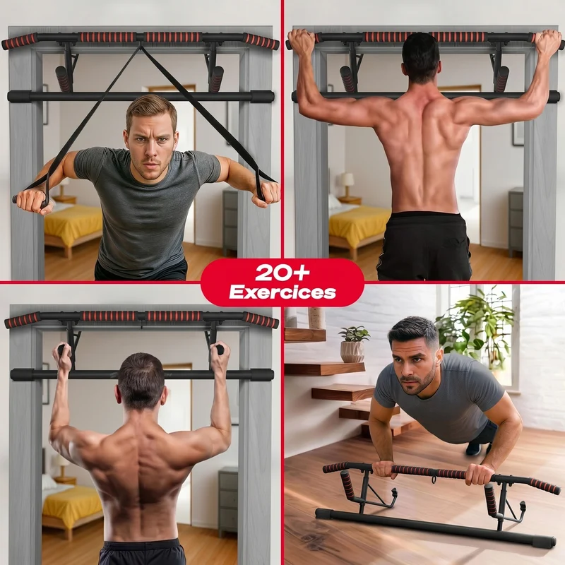 Barre de Traction Porte Homefit Titan – Sans Perçage – 3 Prises – Charge Max. 200 kg – Sangles Incluses