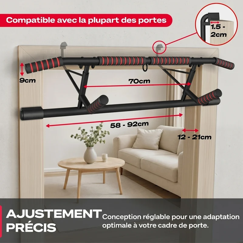Barre de Traction Porte Homefit Titan – Sans Perçage – 3 Prises – Charge Max. 200 kg – Sangles Incluses