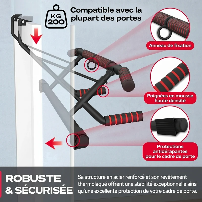 Barre de Traction Porte Homefit Titan – Sans Perçage – 3 Prises – Charge Max. 200 kg – Sangles Incluses