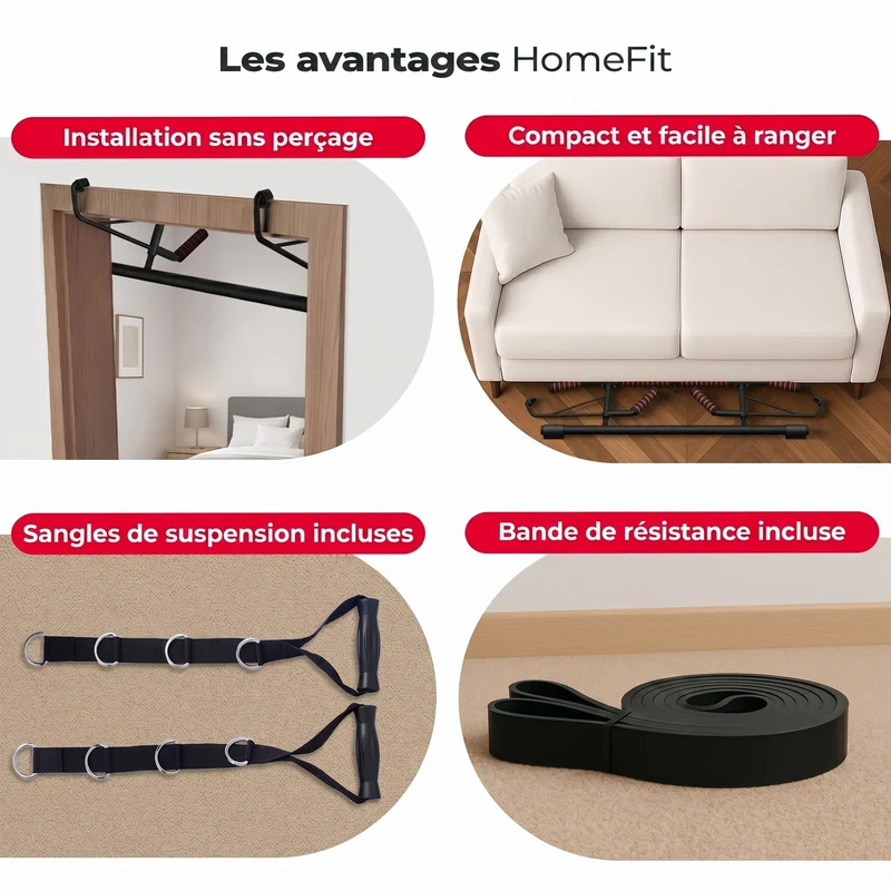 Barre de Traction Porte Homefit Titan – Sans Perçage – 3 Prises – Charge Max. 200 kg – Sangles Incluses