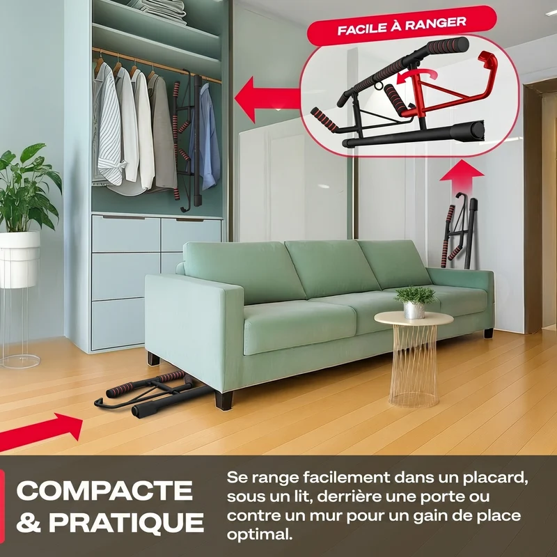 Barre de Traction Porte Homefit Titan – Sans Perçage – 3 Prises – Charge Max. 200 kg – Sangles Incluses