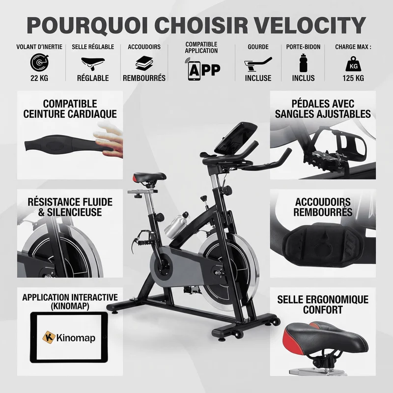 Vélo d’Appartement Homefit VeloCity – 22 kg d’Inertie – Bluetooth – Support Tablette – 125 kg