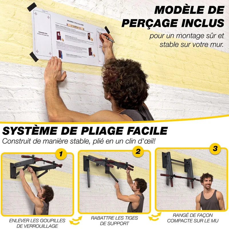 Barre de Traction Murale Homefit Maximus – 6 Poignées – Pliable – Charge Max. 150 kg – Acier