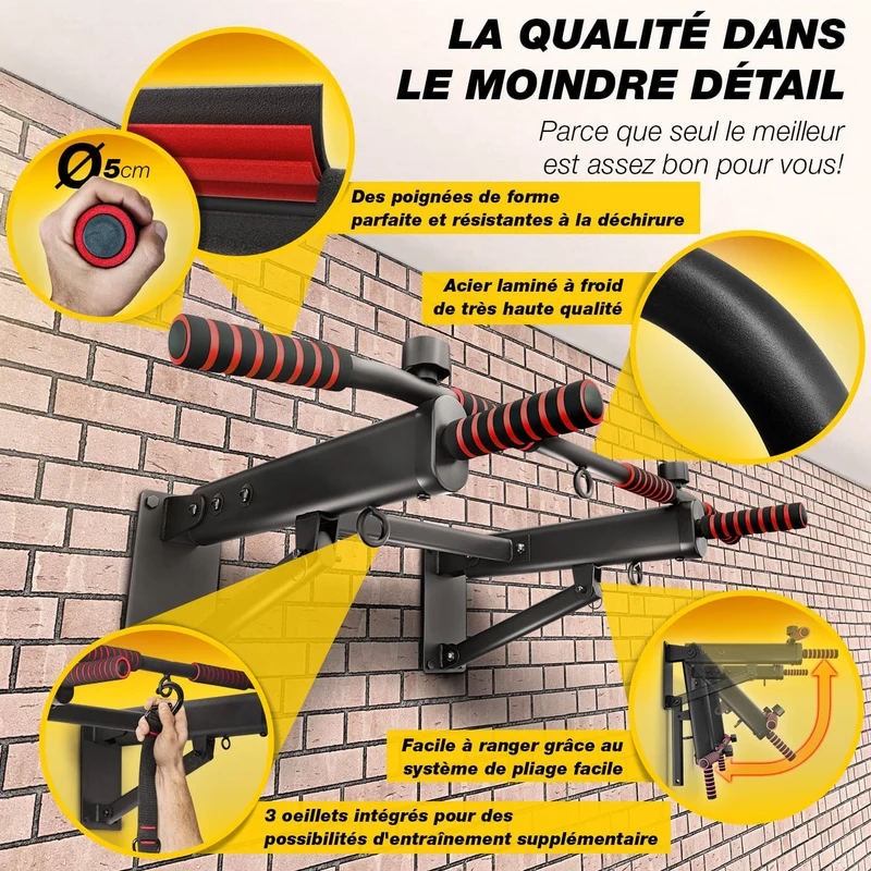 Barre de Traction Murale Homefit Maximus – 6 Poignées – Pliable – Charge Max. 150 kg – Acier