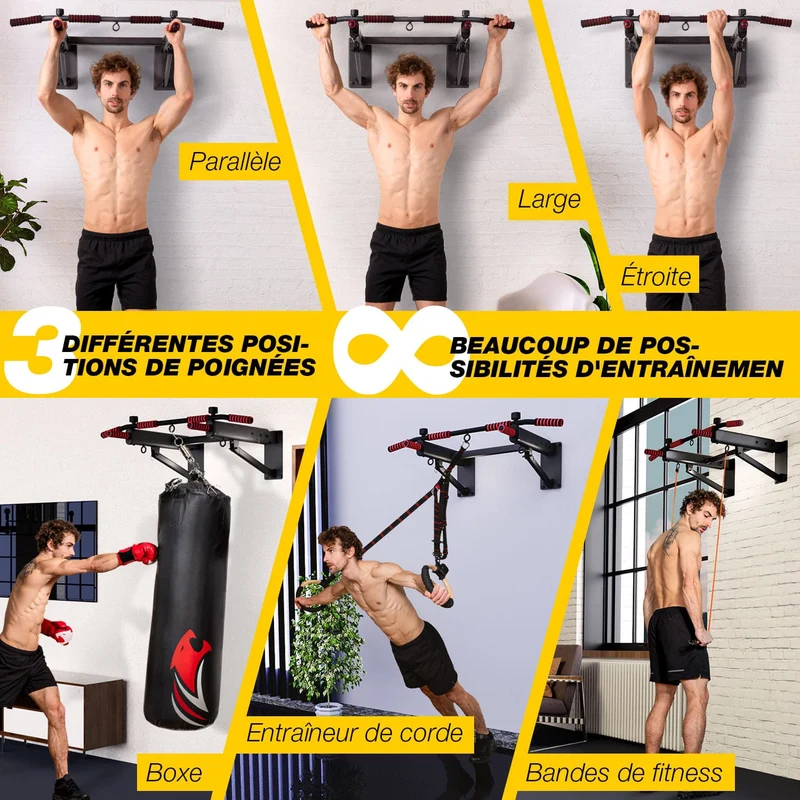 Barre de Traction Murale Homefit Maximus – 6 Poignées – Pliable – Charge Max. 150 kg – Acier