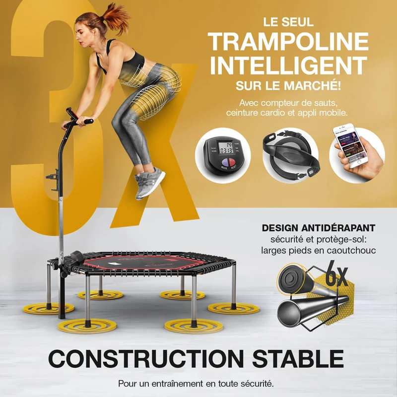Trampoline Fitness Homefit AirBeast – Barre Réglable – Écran LCD – Pliable – Support Smartphone – 110 kg