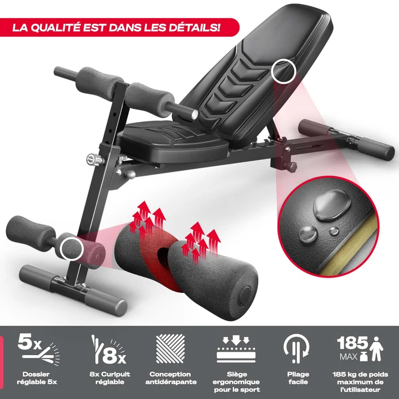 Banc de Musculation Homefit EvoFit – 8-en-1 – Dossier 5 Positions – Pliable – Charge Max. 110 kg