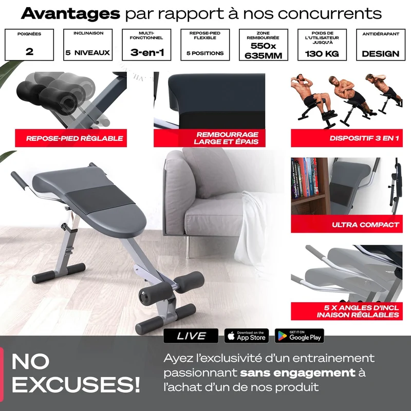 Banc Dorsal Homefit FlexBack – 3-en-1 – 5 Positions – Pliable – Charge Max. 130 kg
