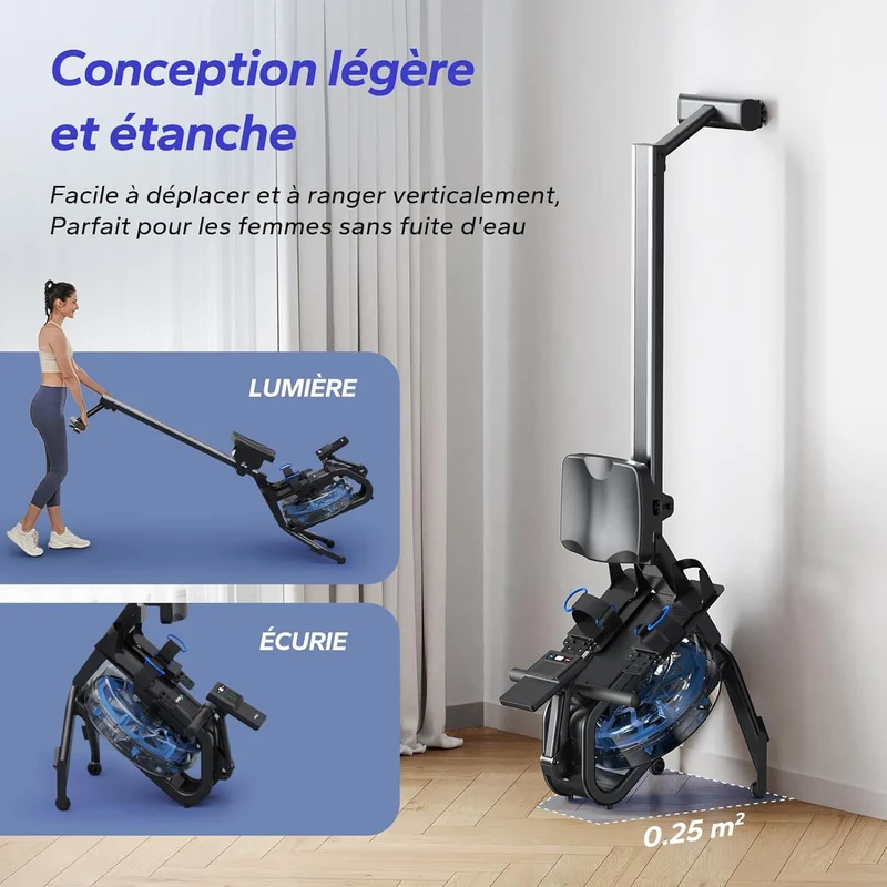 Rameur à Eau Homefit WaterFlow – Réservoir 15 L Incliné à 45° – Bluetooth – Charge Max. 150 kg