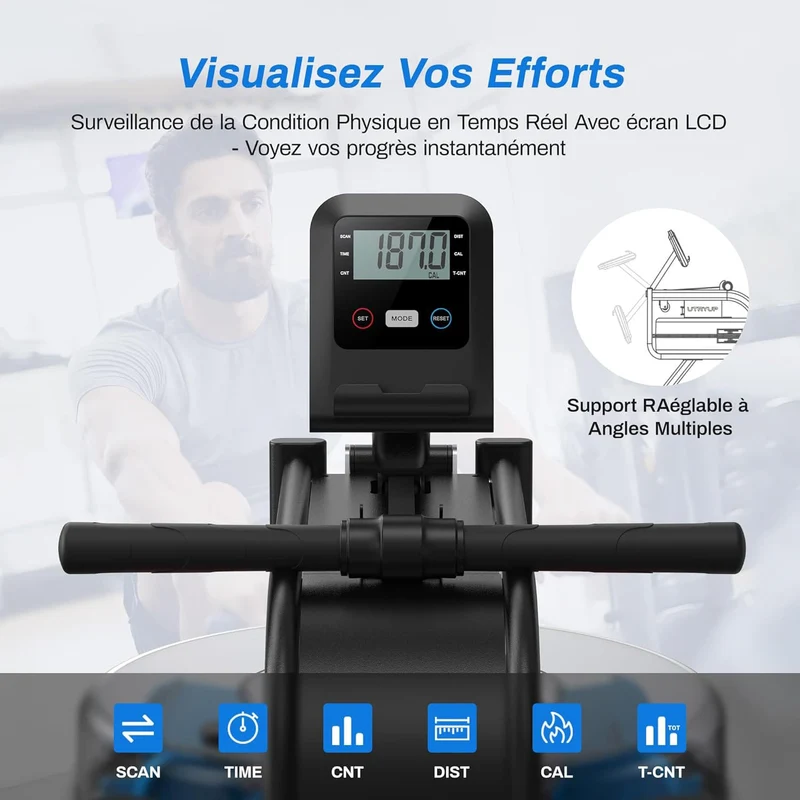 Rameur à Eau Homefit RowMaster – Réservoir 15 L – Bluetooth – Écran LED – Charge Max. 150 kg