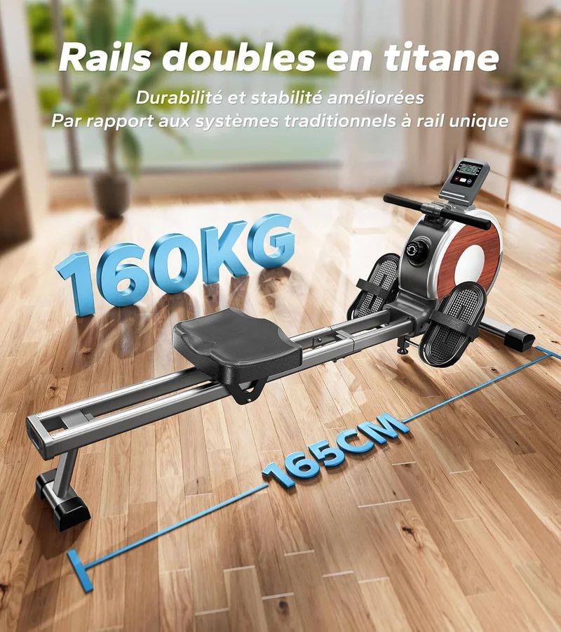 Rameur Magnétique Homefit Evo – 16 Niveaux de Résistance – Double Rail – Bluetooth – Charge Max. 160 kg