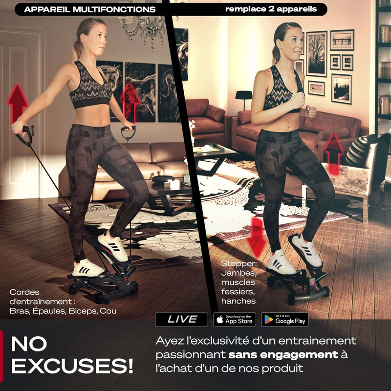 Stepper Homefit HomeStep – 2-en-1 – Résistance Réglable – Écran LCD – Cordes d’Exercice – 120 kg