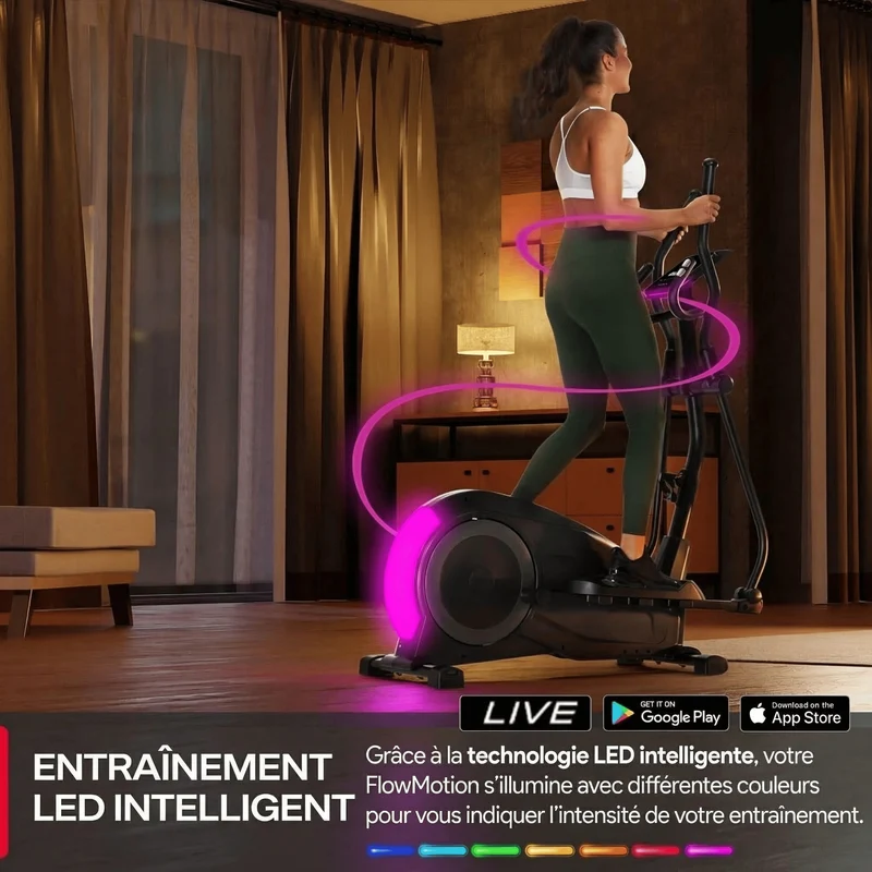 Vélo Elliptique Homefit FlowMotion – 24 Niveaux – Écran Tactile LED – Kinomap – Volant d’Inertie 24 kg – 120 kg
