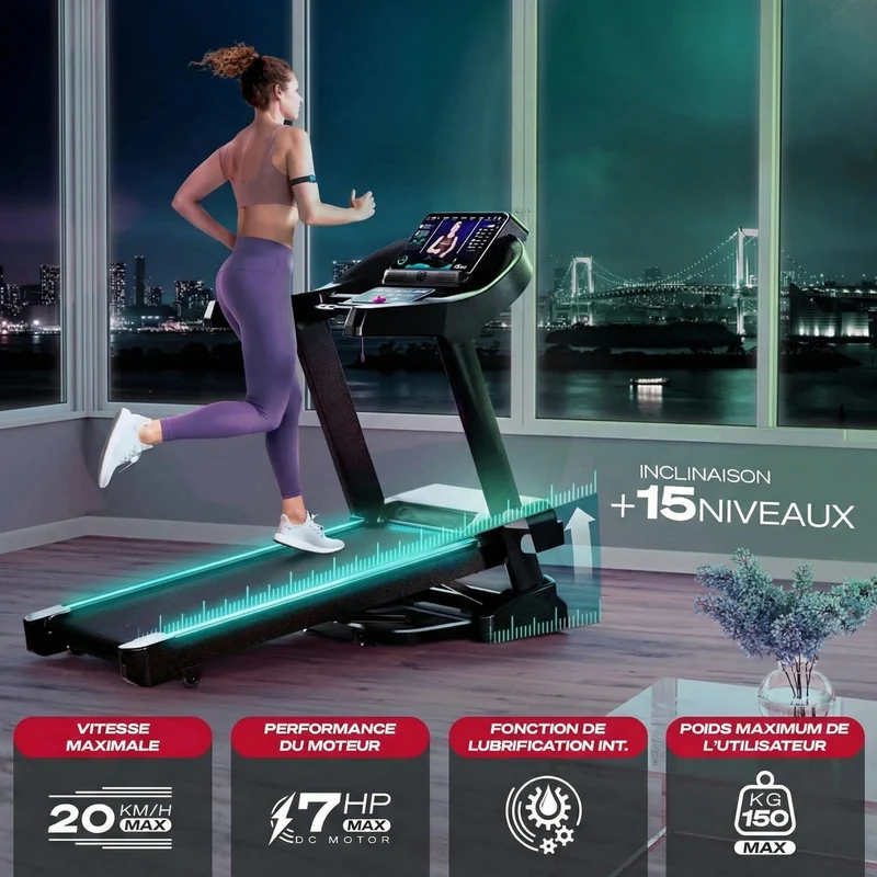 Tapis de course EliteStride – 20 km/h – Inclinaison 15 % – 7 CV – Bluetooth