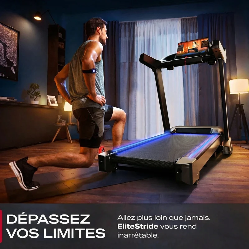 Tapis de course EliteStride – 20 km/h – Inclinaison 15 % – 7 CV – Bluetooth