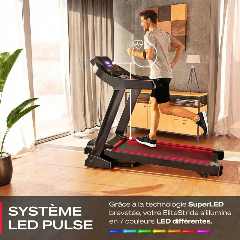 Tapis de course EliteStride – 20 km/h – Inclinaison 15 % – 7 CV – Bluetooth