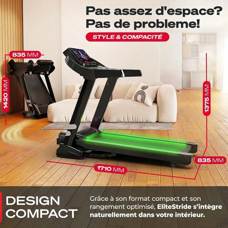 Tapis de course EliteStride – 20 km/h – Inclinaison 15 % – 7 CV – Bluetooth