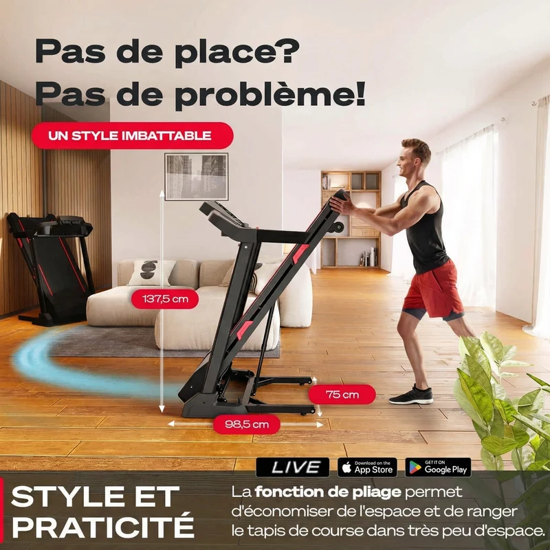Tapis de course ProTrack – 16 km/h – 4,5 CV – 20 programmes – Bluetooth