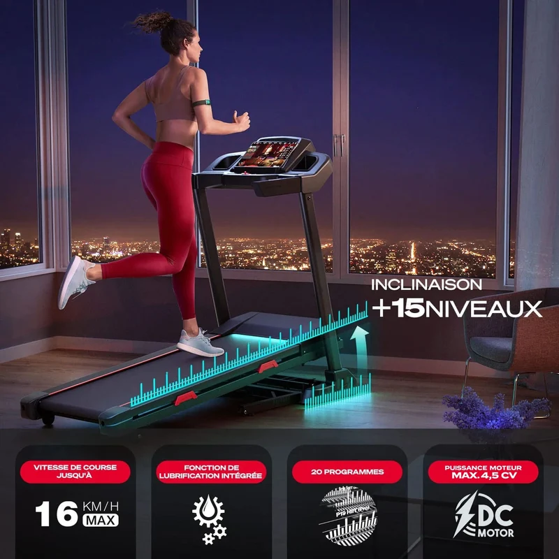 Tapis de course ProTrack – 16 km/h – 4,5 CV – 20 programmes – Bluetooth