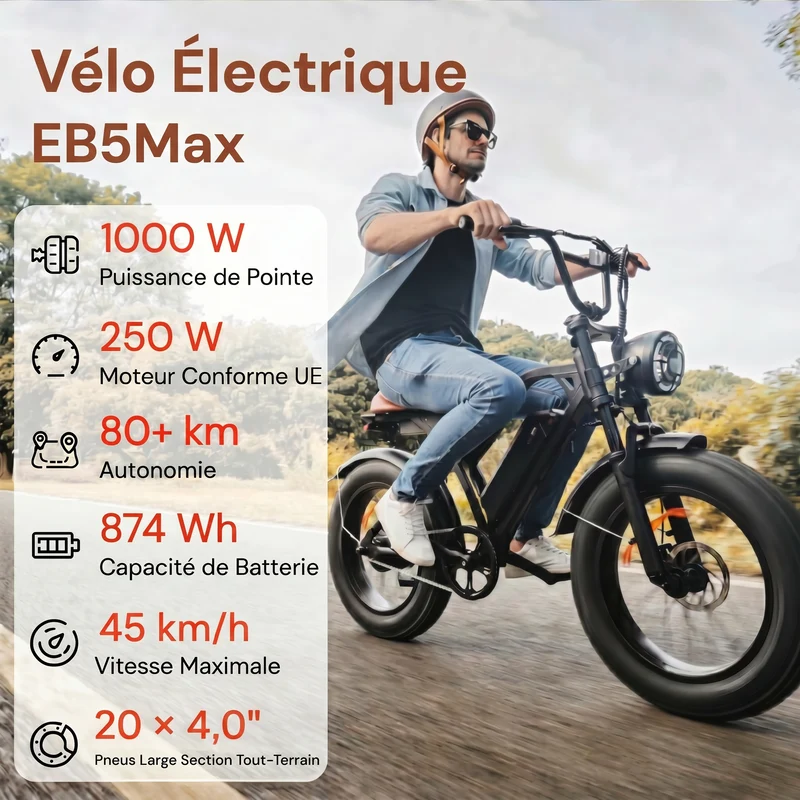 Vélo électrique rétro EB5Max à gros pneus de 20 pouces