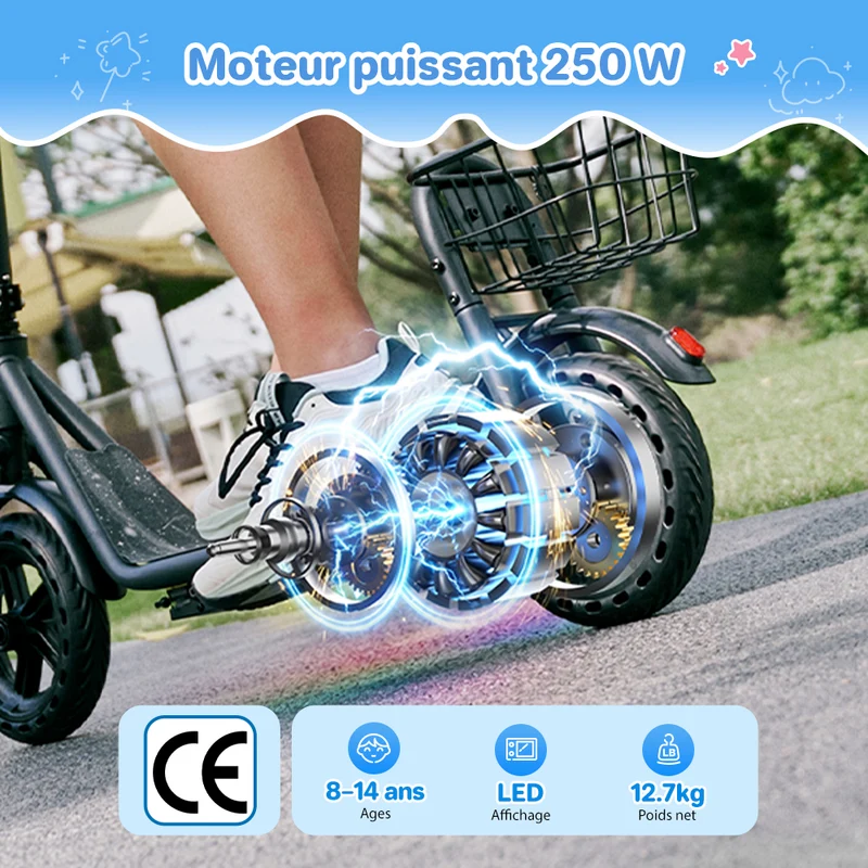 iScooter iK7 – Trottinette électrique enfant 2-en-1 avec siège et panier