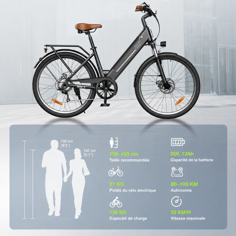 isinwheel UCityS Vélo électrique à cadre bas, batterie amovible, 88 km d’autonomie